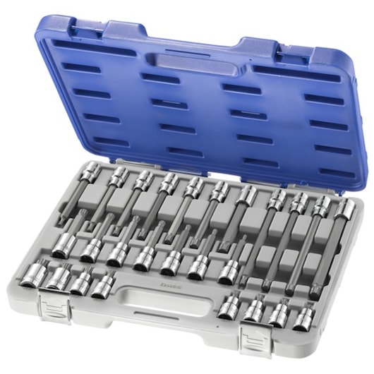 Facom E200515 socket set in gray case with blue lid, contains multiple chrome sockets and extensions, angle view.