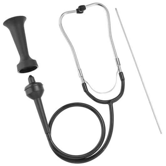 Facom E200520 mechanic's stethoscope set with black tubing, metal probe, and two interchangeable attachments, side view.