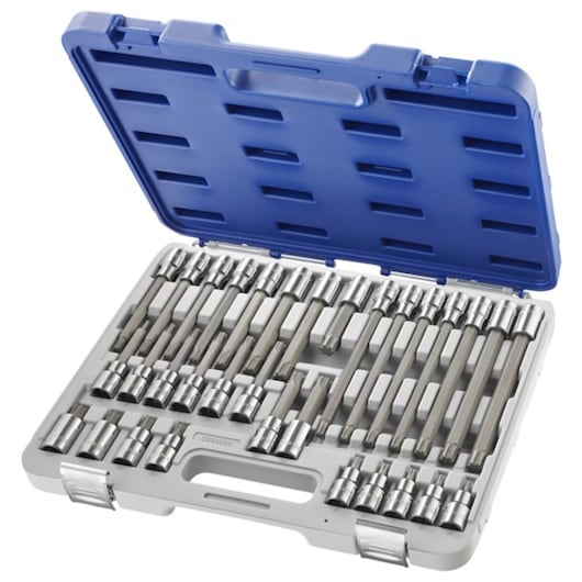 Facom E200522 socket and extension set in a gray case with blue lid, photography on white background.
