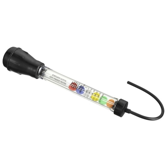 Facom E200523 antifreeze tester with colored indicator balls, transparent tube, black rubber parts, side angle.