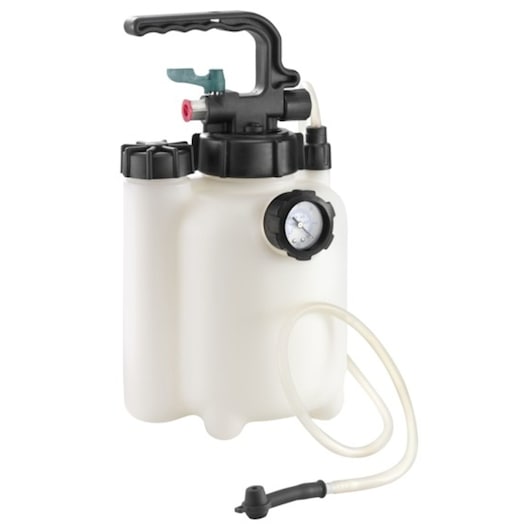 Facom E200901 white plastic fluid extractor with handle, pressure gauge and hose, front angle.