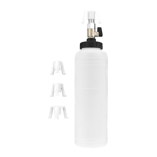 Facom E200902 plastic fluid dispenser with three nozzle attachments, product photography, front view.