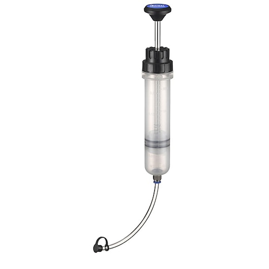Facom E200907 transparent fluid extractor with plunger and tube, side angle on white background.