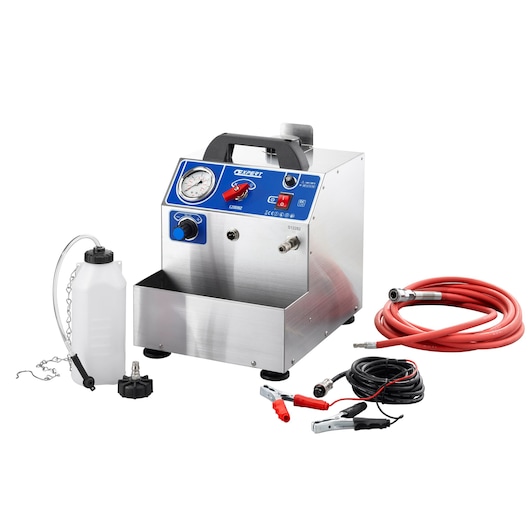 Facom E200912 brake bleeding machine with gauge, red hose, cables, and bottle, front angle.