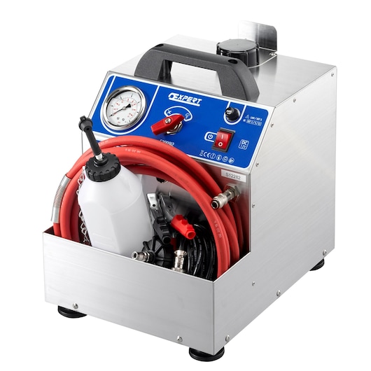 Facom E200912 metal automotive fluid extractor with gauge, red hose, and accessories, front angle.