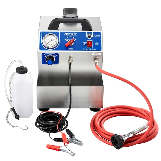 Facom E200912 pressure tester with metal case, control panel, pressure gauge, and red hose, shown with accessories.