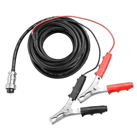 Facom E200912 booster cable with black and red insulated clamps, coiled, top view, white background.