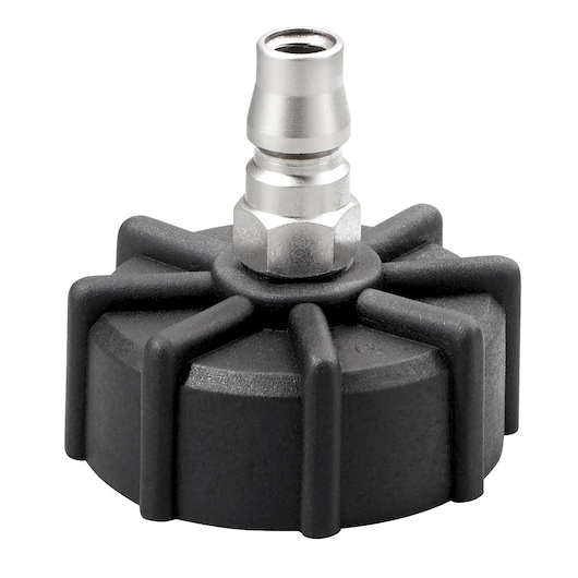 Facom E200912 black plastic and metal connector cap, top angle, with ribbed sides and silver fitting.