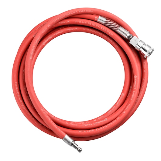 Facom E200912 photography of red air hose with metal connectors, coiled on white background.