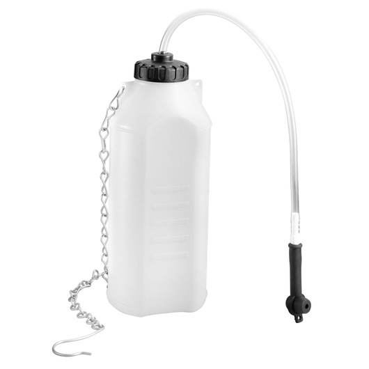 Facom E200912 plastic oil dispenser with flexible spout, black cap, and metal chain, product side view.