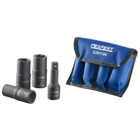 Facom E201105 socket set with four black sockets and blue carrying pouch, front angle on white background.