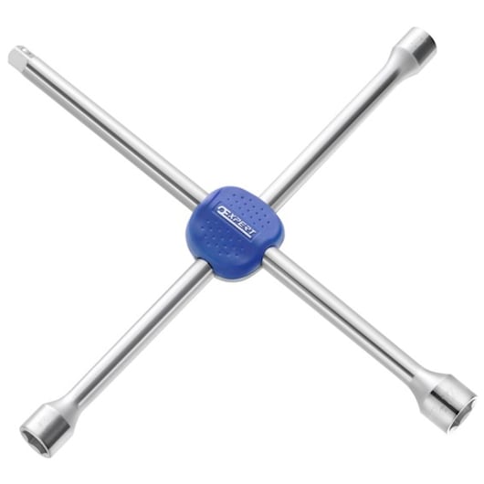 Facom E201115 chrome-plated cross wheel wrench with blue center grip, front angle on white background.