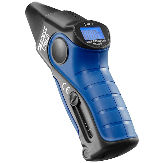 Facom E201120 blue and black digital tire pressure gauge, angled view, shows LCD display and ergonomic grip.