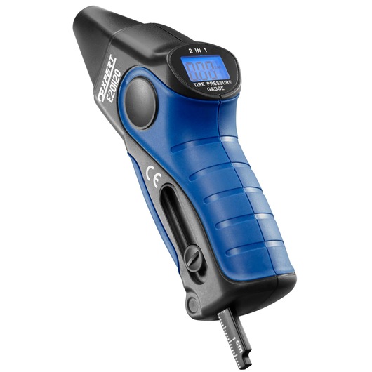 Facom E201120 digital tire pressure gauge with blue and black grip, angled on white background.