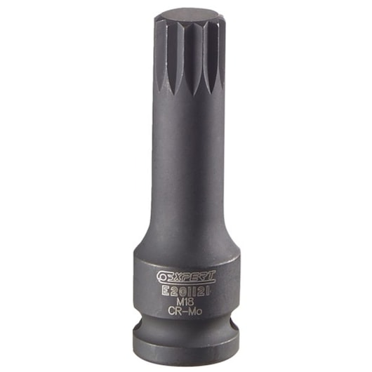 Facom E201121 black spline socket M18, photography, front angle on white background.