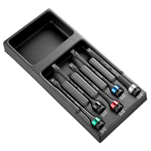 Facom E201131 turning tool set with five tools in black tray, colored bands on ends, photo angled on white background.