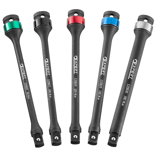 Facom E201131 set of five Expert torque extension bars with colored bands, black finish, front angle on white.