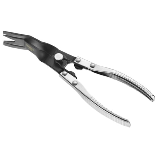 Facom E201201 automotive trim clip remover pliers with black jaws and textured silver handles, angled view on white.