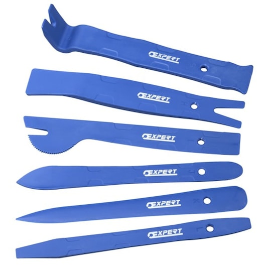 Facom E201203 blue plastic trim removal tool set, six pieces, top view on white background.