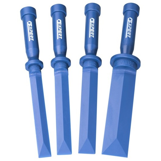 Facom E201204 set of four blue plastic wedge chisels, side view, each with Expert branding on handle.