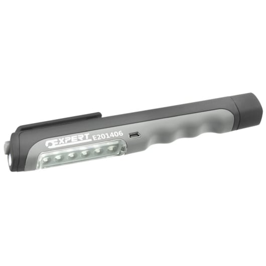 Facom E201406 gray and black LED inspection pen light with clip, angled view on white background.