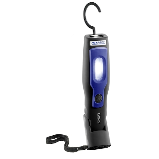 Facom E201427 LED inspection lamp with black and blue body, hook, strap, and power button, front angle.