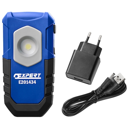 Facom E201434 blue portable LED work light with charger and USB cable, front angle on white background.