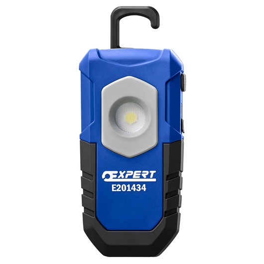 Facom E201434 blue and black portable LED work light with hanging hook, front angle.