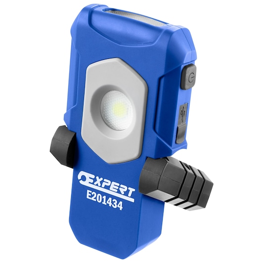 Facom E201434 blue LED work light with USB port, side angle on white background.