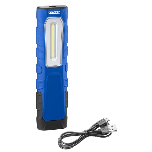 Facom E201435 blue LED work light with USB cable, front angle, white background.