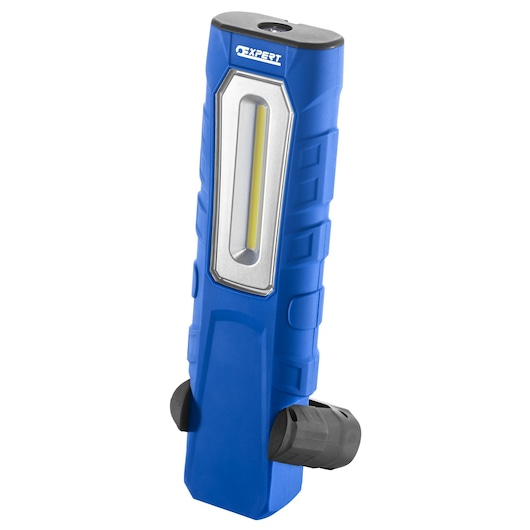 Facom E201435 blue work light with silver panel, standing upright, front angle on white background.