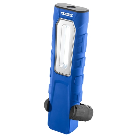 Facom E201435 blue LED work light with black adjustable base, front angle on white background.