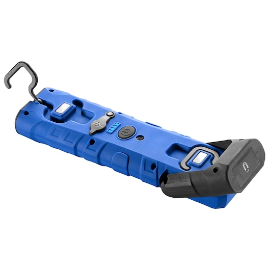 Facom E201435 blue work light with hook and magnetic black end, side angle on white background.