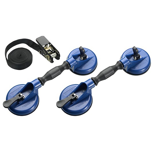 Facom E201501 blue triple suction cup glass lifter with black strap and ratchet, product shown front angle.