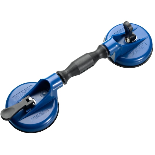Facom E201502 photography of blue double suction cup lifter with black handle, white background, top view.