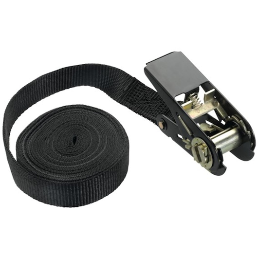Facom E201503 ratchet strap with black webbing, rolled and attached to metal ratchet, product top angle.