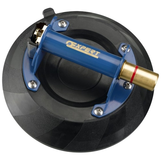 Facom E201504 suction lifter with blue handle and brass tip, top view on white background.