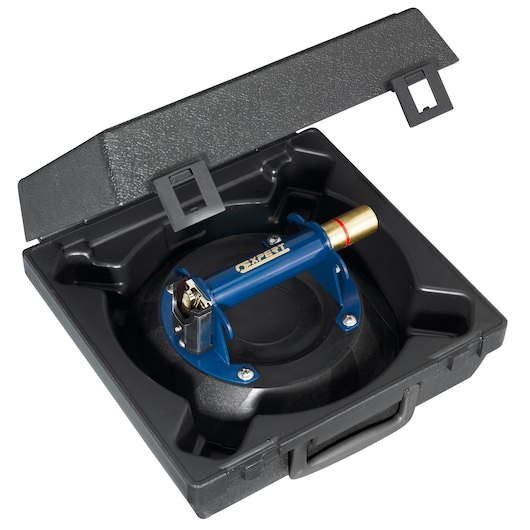 A blue and gold cylindrical tool with a handle, displayed inside a black plastic carrying case with the lid open.