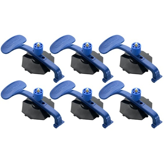 Facom E201507 set of six blue and black plastic clamp tools, angled product photo on white background.