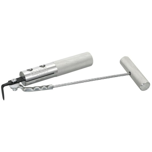 Facom E201513 silver windshield removal tool with T-handle and cable, photography, angled view.