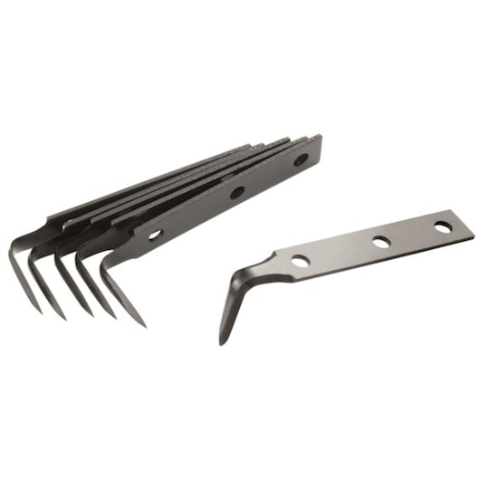 Facom E201514 metal pry tool set, photography, side view, showing five angled tools with holes.