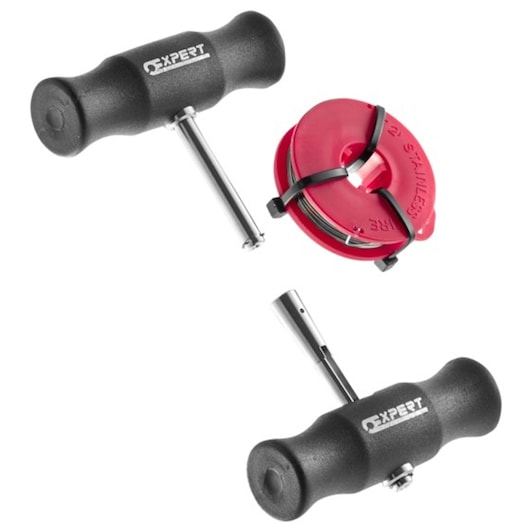 Facom E201516 tool set with two black T-handle tools and red wire coil, studio angle.