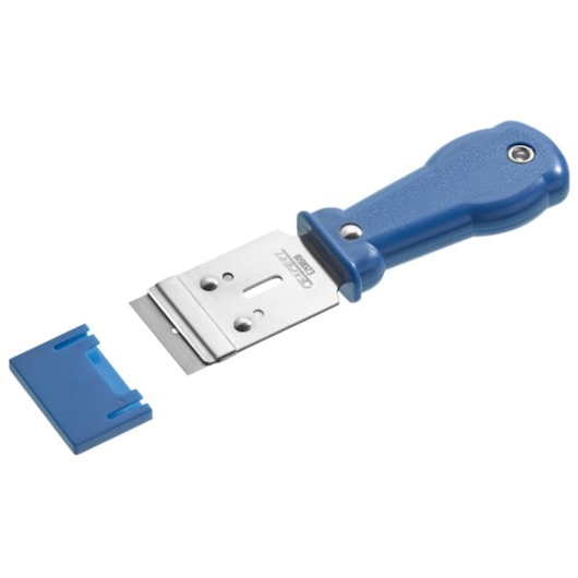 Facom E201519 window scraper with blue handle and removable blade cover, studio angle on white background.