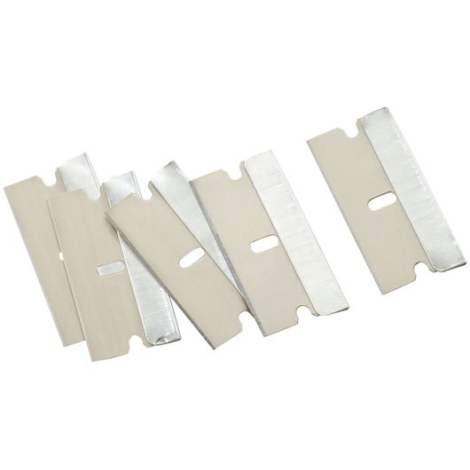 Facom E201520 set of steel razor blades, rectangular shape, silver color, top view, white background.