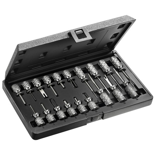 Facom E201801 photography of metal tool set in black case, angled view, multiple specialized bits organized.