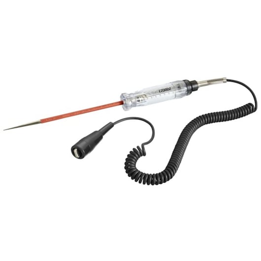 Facom E201802 voltage tester with transparent handle, red probe, and coiled black cable, side angle.