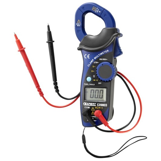 Facom E201803 clamp multimeter with digital display, red and black test leads, front view on white background.