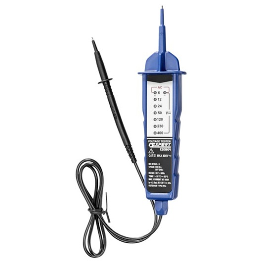 Facom voltage tester E201804, blue handheld device with black probe and cable, front angle on white background.
