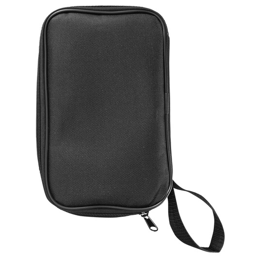 A black zippered pouch with a textured surface and a wrist strap, photographed against a white background.