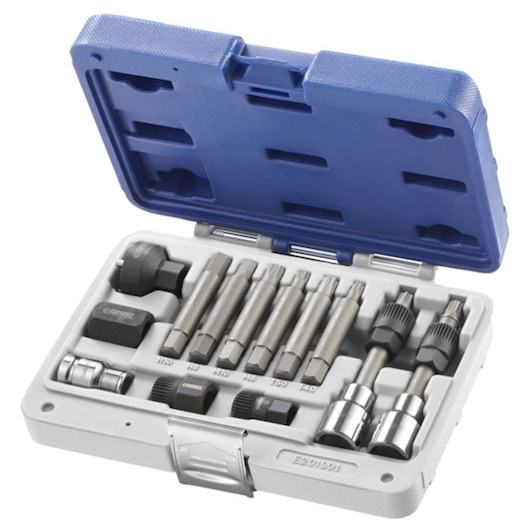 Facom E201901 socket and bit set in blue and white hard case, product shown at angle with open lid.
